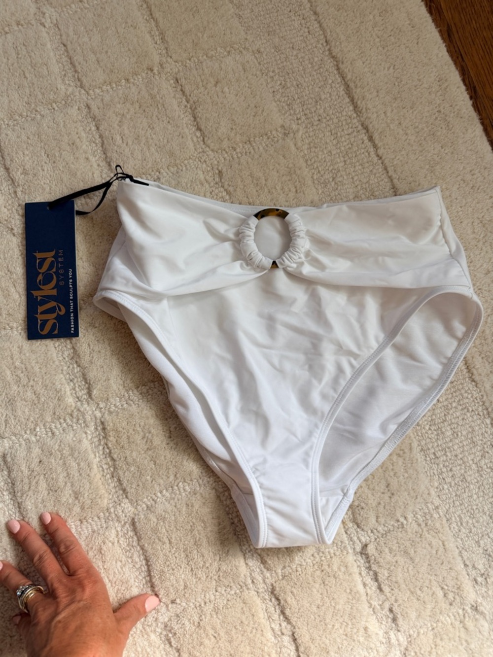 Stylist High-Waist White Bikini Bottom with Ring Detail brand new